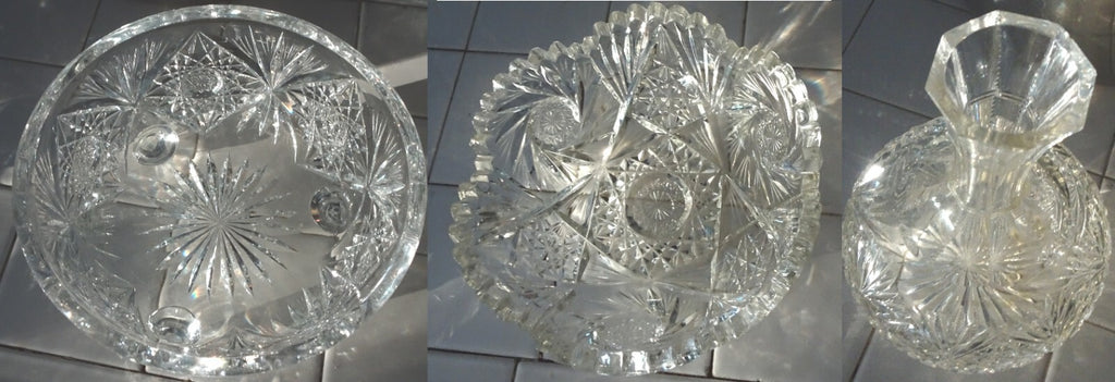 Lot of 3 American Brilliant Cut Glass ABP Decanter & 2 Bowls Circa 1900