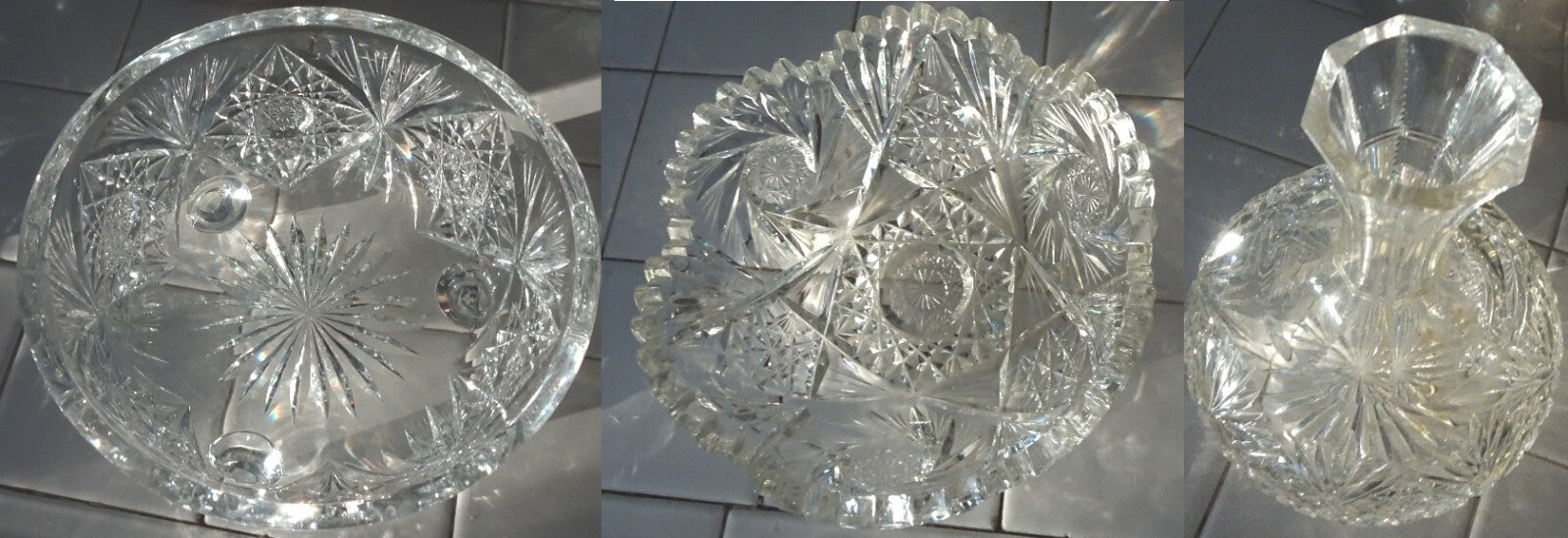 Lot of 3 American Brilliant Cut Glass ABP Decanter & 2 Bowls Circa 1900