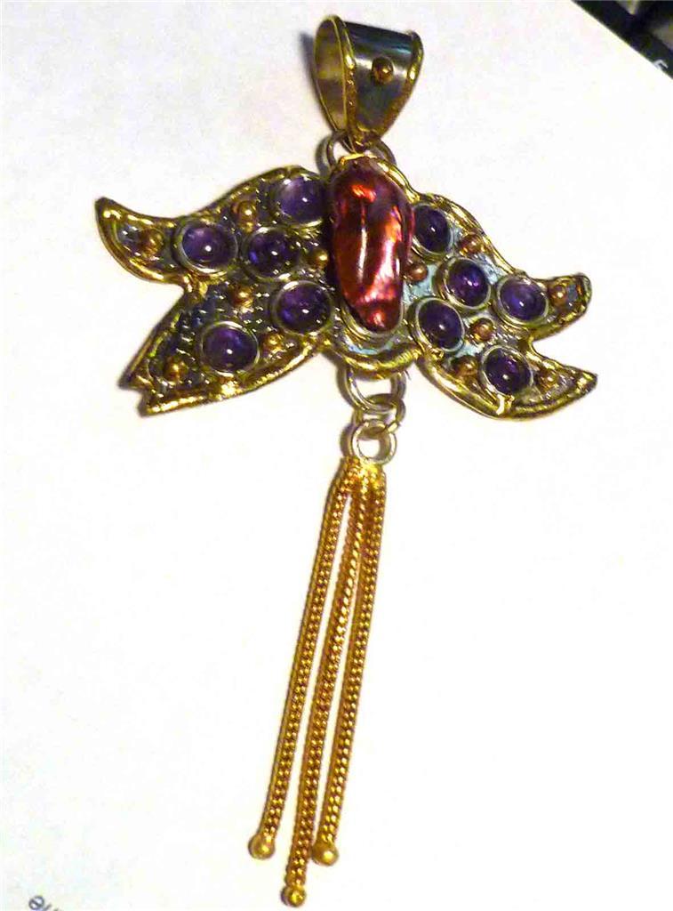 Biwa Pearl Turquoise Pendant Copper Brass & German Silver Unique!