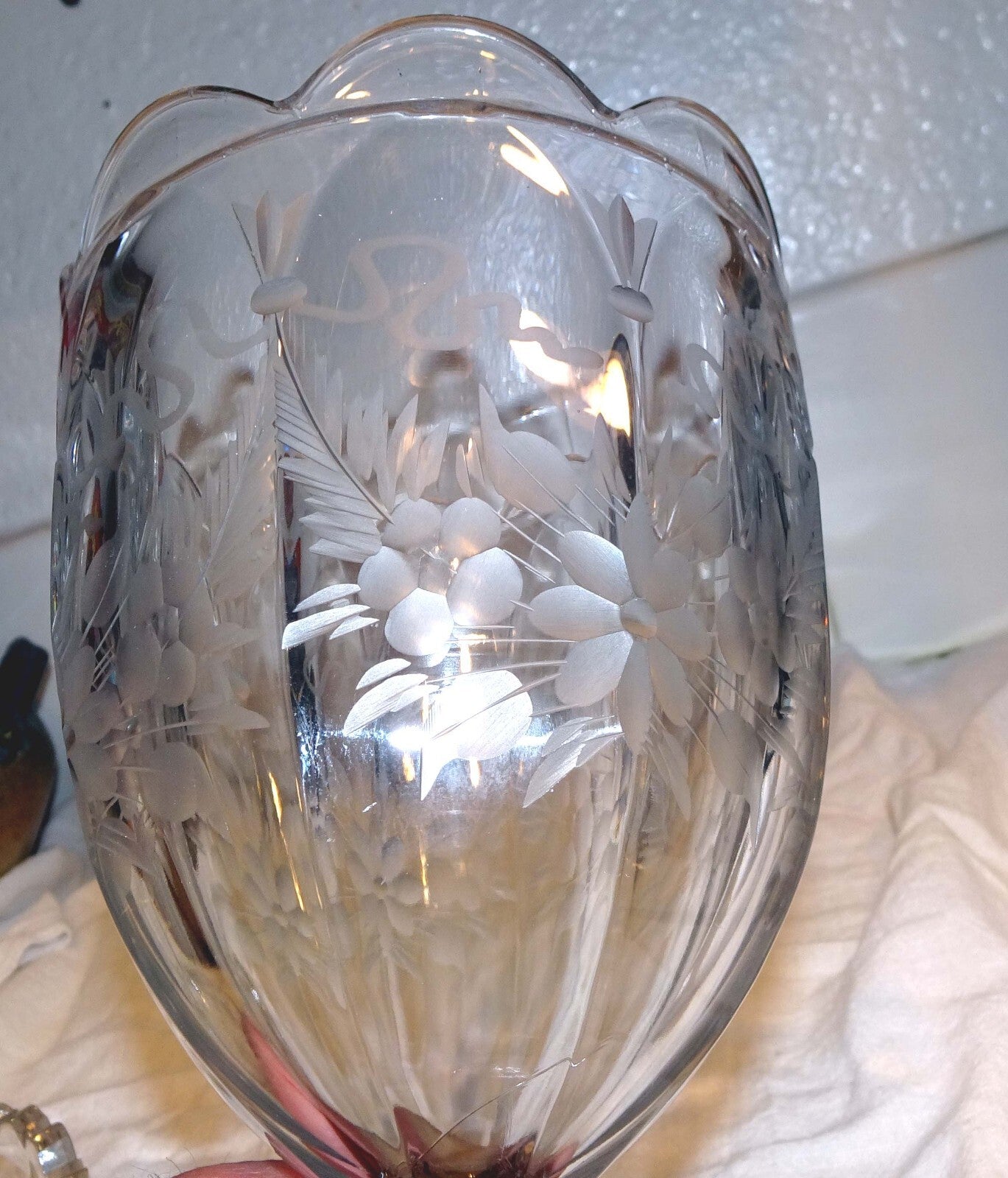 Heisey Glass Vase,  Etched Flowers, United States 7.5" tall