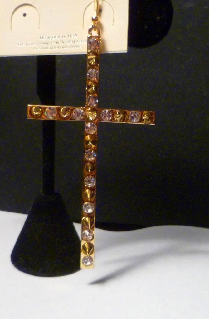Gold ep Studed White Rhinestone Bling Cross earrings 3.75"