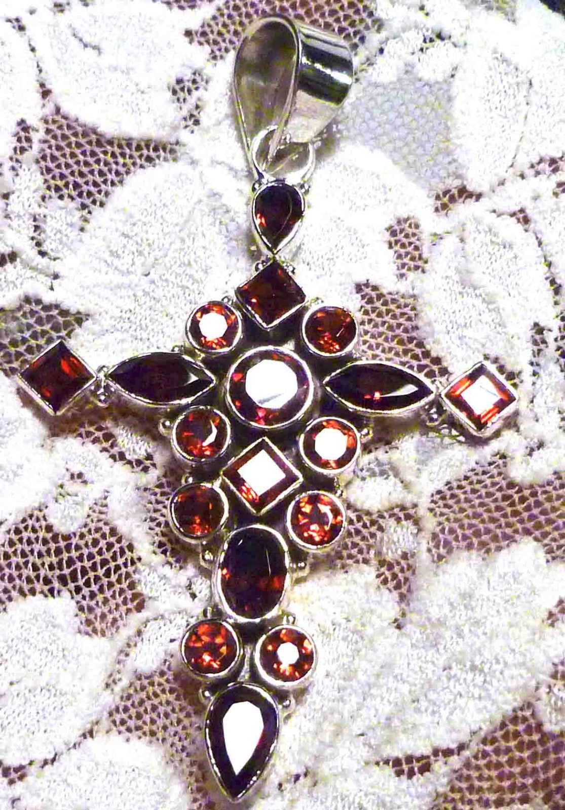 Easter Deep Red Garnet & .925 Sterling Silver Cross Pendant
