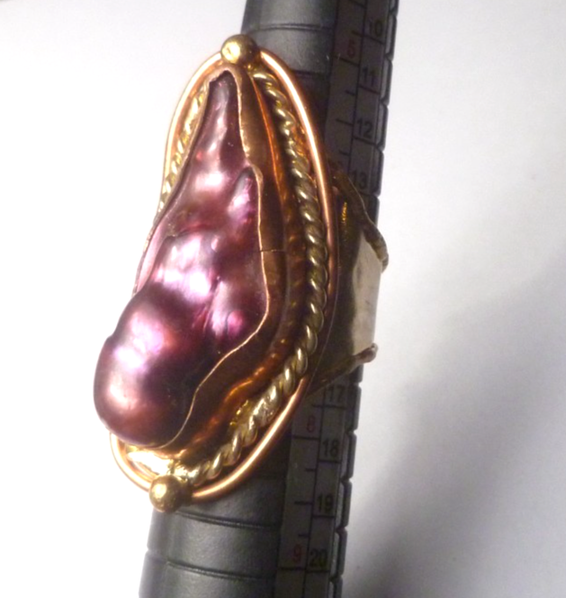 Purple Biwa Pearl Brass Copper & German Silver Ring Size 8