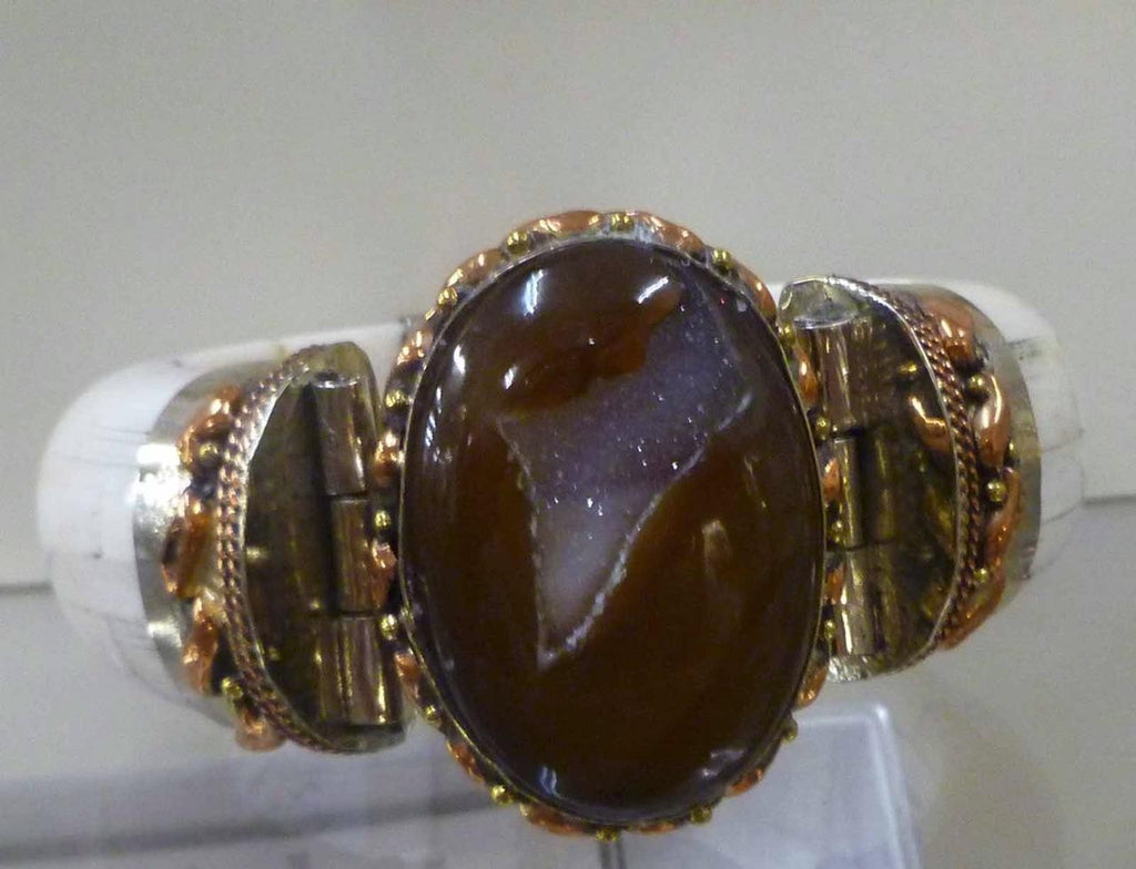 Brown Agate Druzy, Brass, Copper, German Silver Water Buffalo Bone CUFF BRACELET