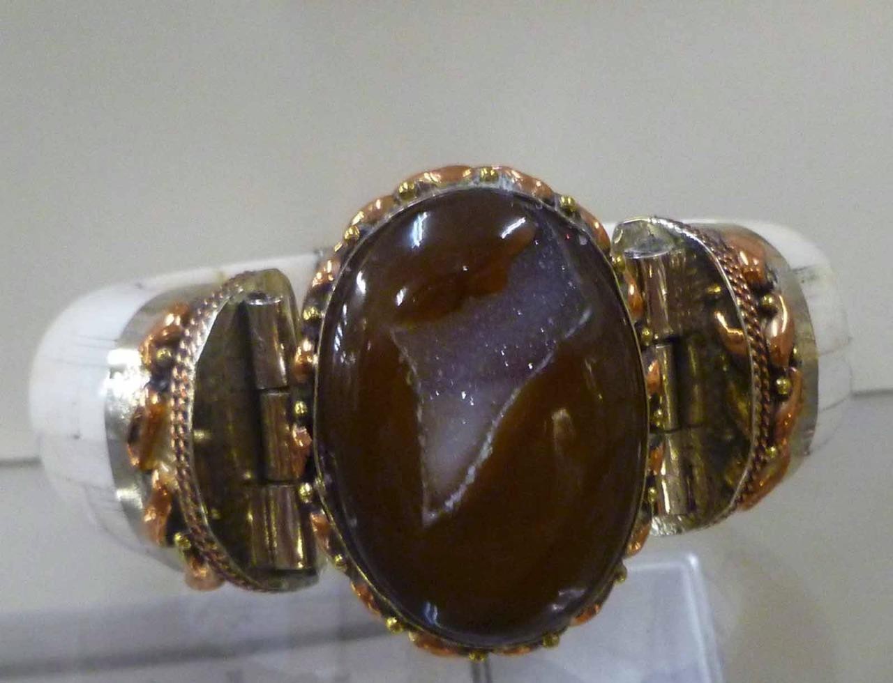 Brown Agate Druzy, Brass, Copper, German Silver Water Buffalo Bone CUFF BRACELET