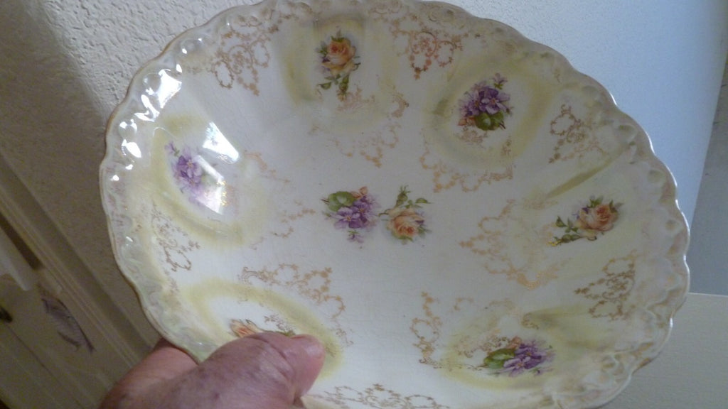 Antique Hand Painted Bowl Floral Design Gilded Gold Design