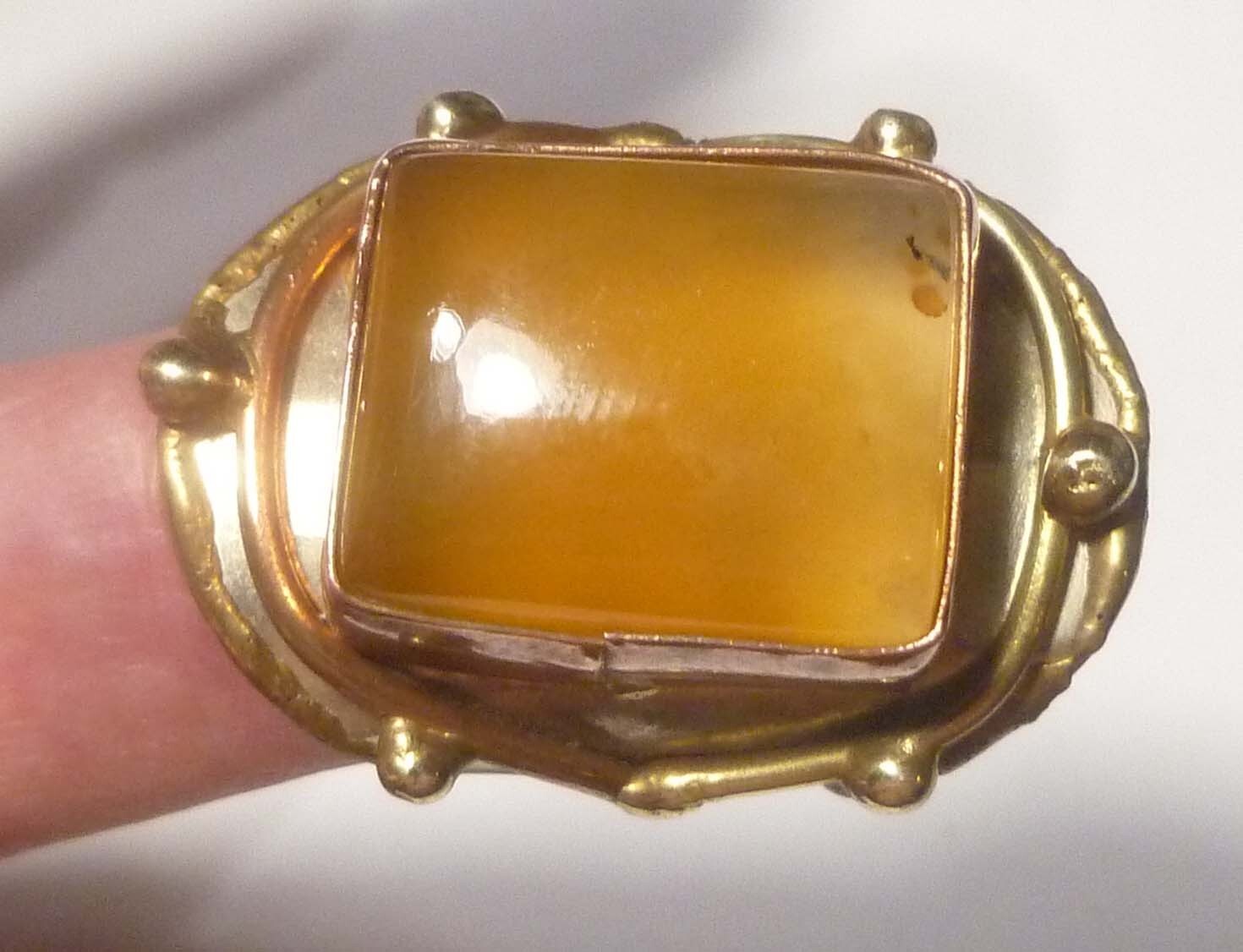 Yellow Chalcedony Brass Copper & German Silver Ring Size 9