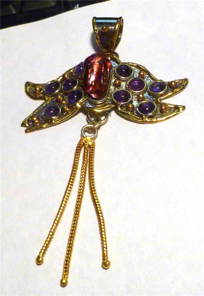 Biwa Pearl Turquoise Pendant Copper Brass & German Silver Unique!