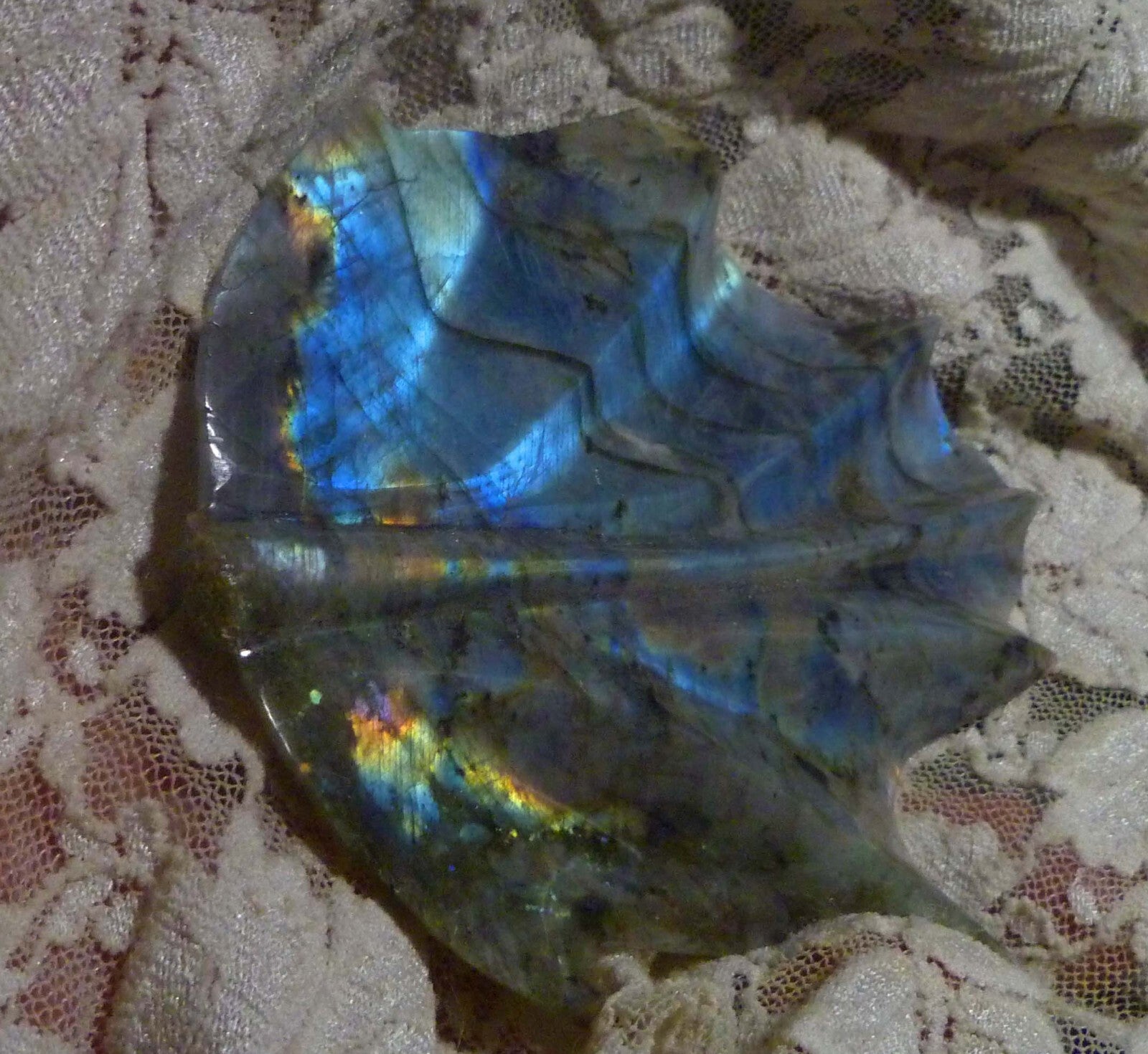 BLUE and GOLD CARVED and POLISHED LABRADORITE LEAF 307cts!