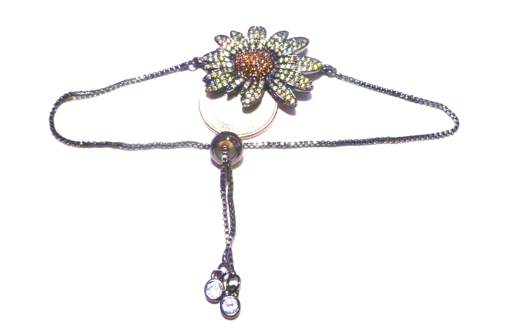 Delicate Crystal Flower Rhodium Silver Bracelet Slide Adjust