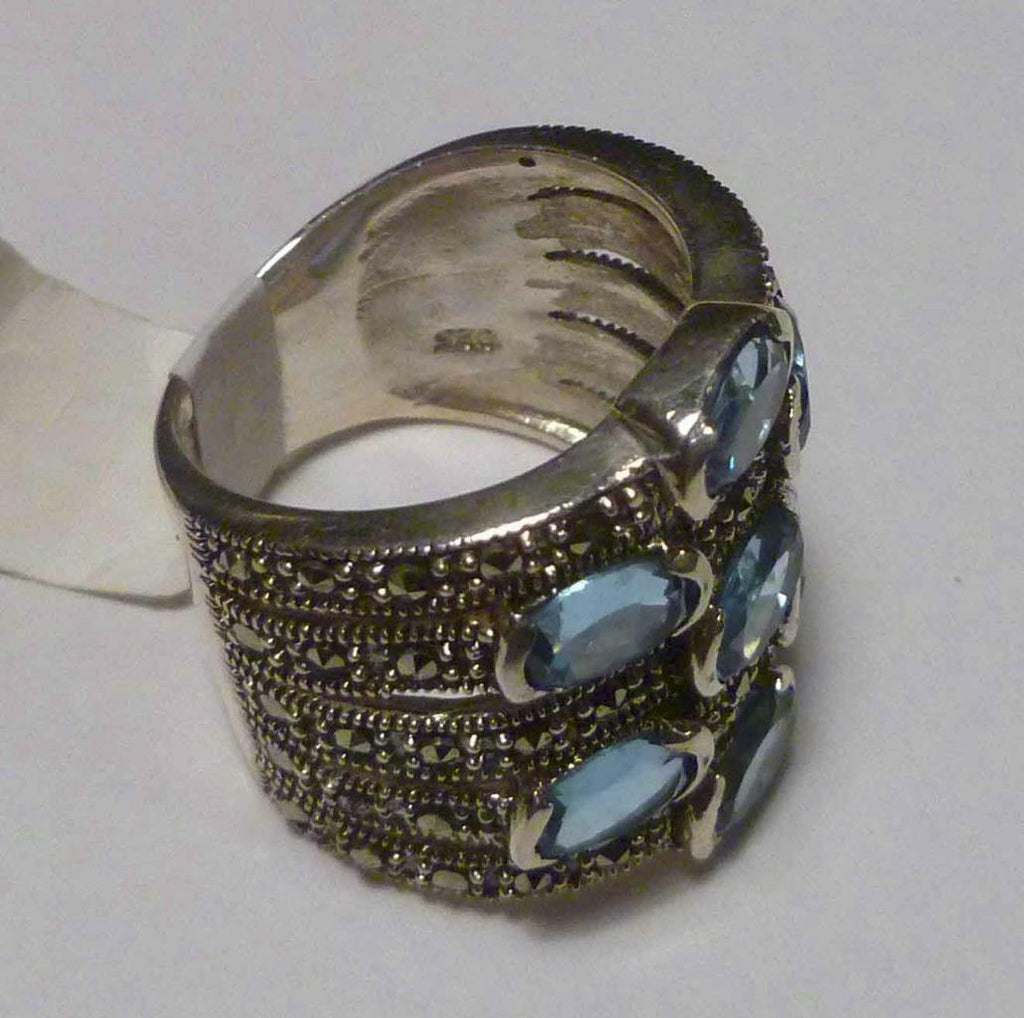 6.1 carats Genuine (7) BLUE TOPAZ 7x5mm Ovals & Marqcasite .925 SILVER RING SZ8