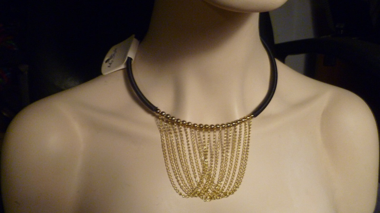 Choker Necklace Gold Ep. beads and chains Silk Wrapped Neckwire Lobster Clasp