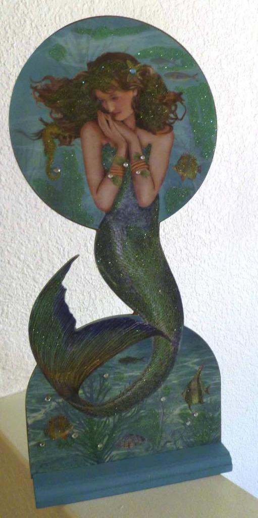 Beautiful Posing Mermaid, wood picture with wood stand