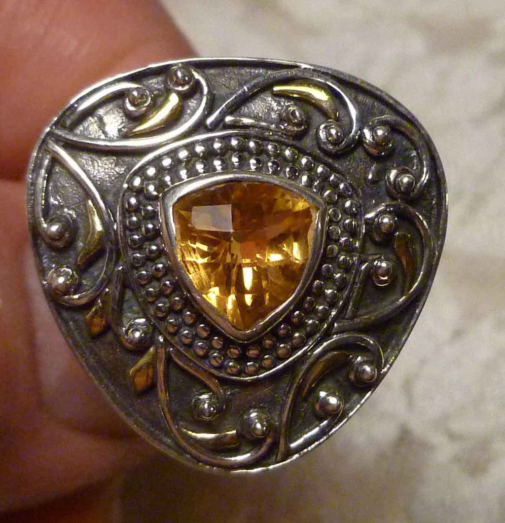 9mm Natural Trillion Citrine 5.71cts Sterling SILVER .925 Brass Accent RING Sz 8