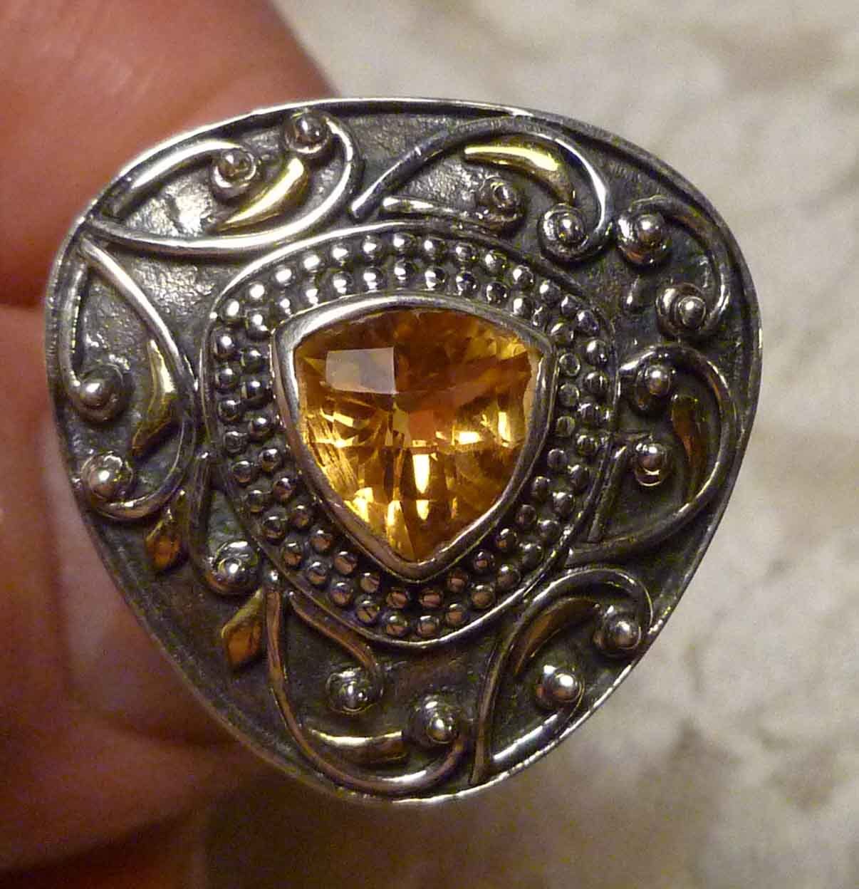 9mm Natural Trillion Citrine 5.71cts Sterling SILVER .925 Brass Accent RING Sz 8
