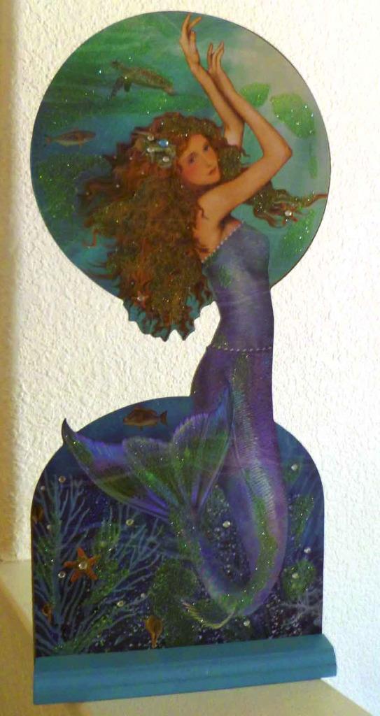 Beautiful Posing Mermaid, wood picture with wood stand