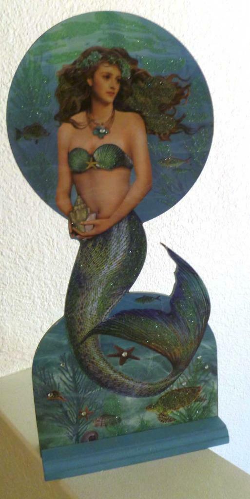 Beautiful Posing Mermaid, wood picture with wood stand