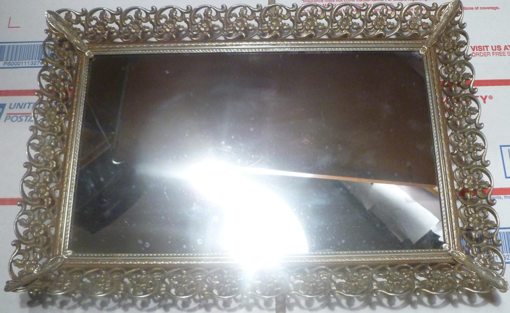 Vintage Ornate Frame Mirrored Dresser Vanity Tray 15"x10
