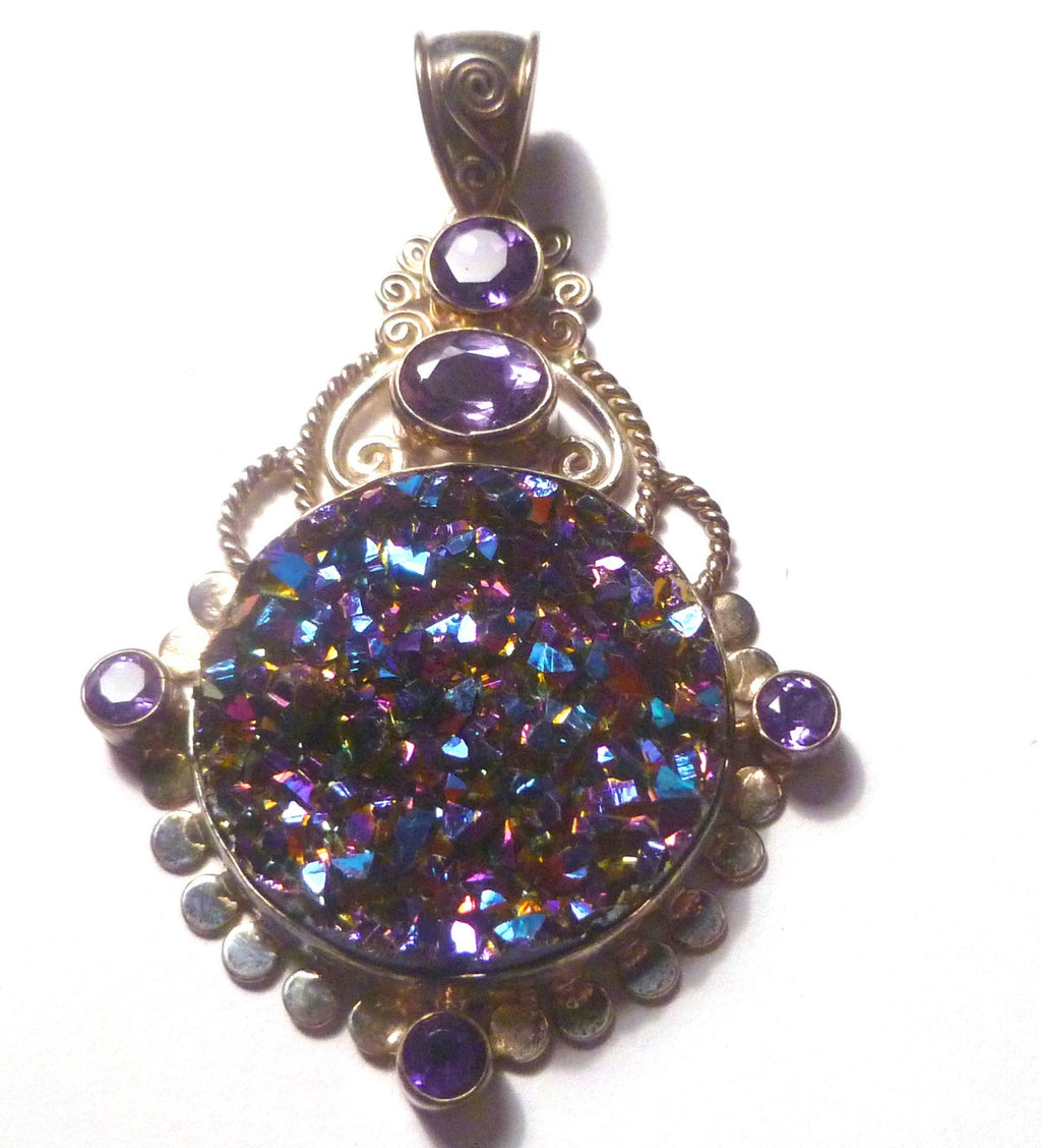 Mystic Drusy .925 Sterling Silver & Amethyst PENDANT 58mm Druzy Filigree