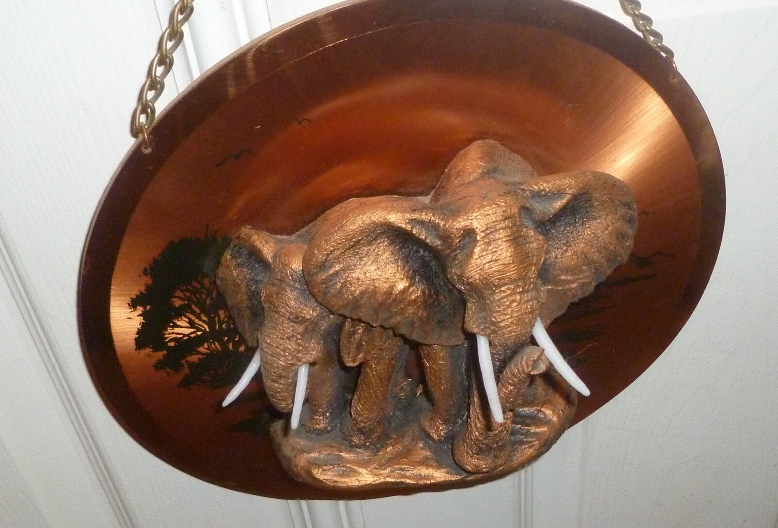 3D Elephants Ceramic on Copper Plate Plaque Tusks