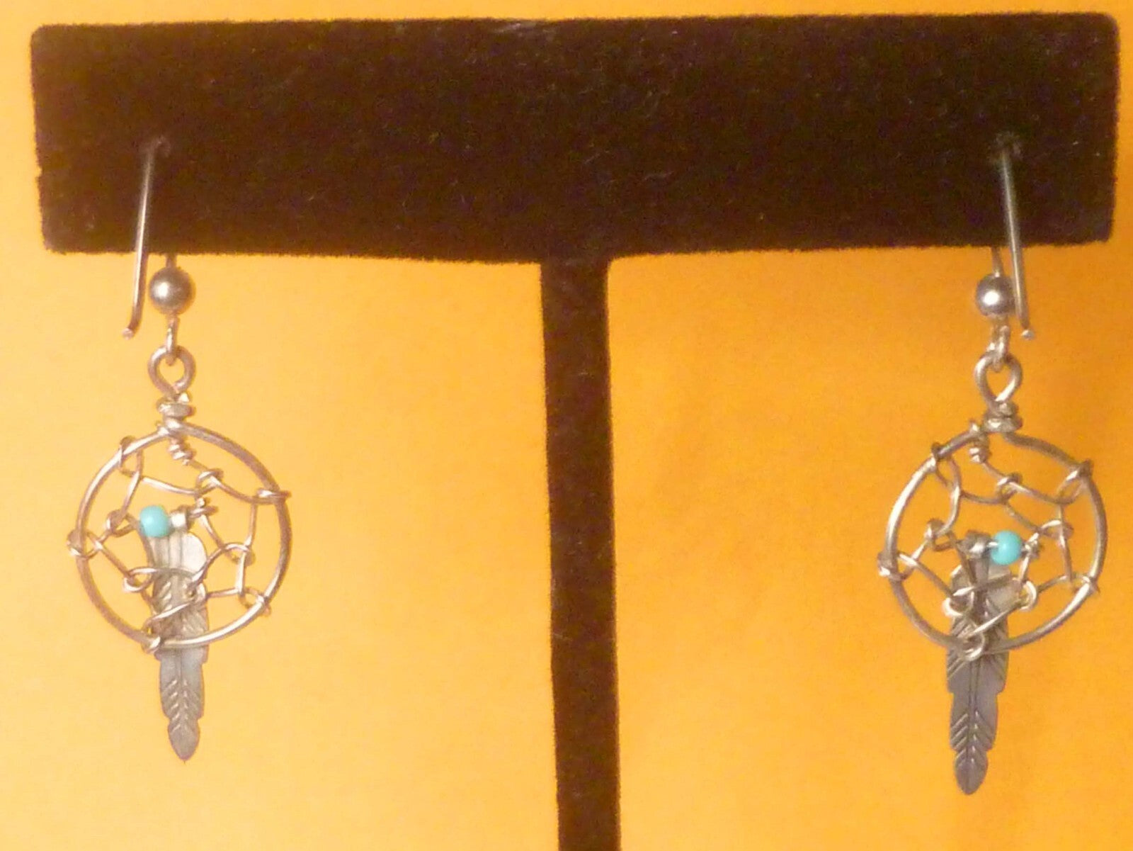 Vintage Sterling Silver Dreamcatcher Earrings With Turquoise Bead And Feather