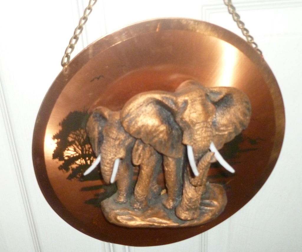 3D Elephants Ceramic on Copper Plate Plaque Tusks