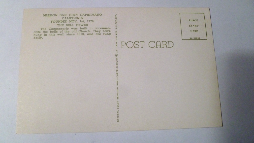 Postcard Mission San Juan Capistrano California Bell Tower 1961