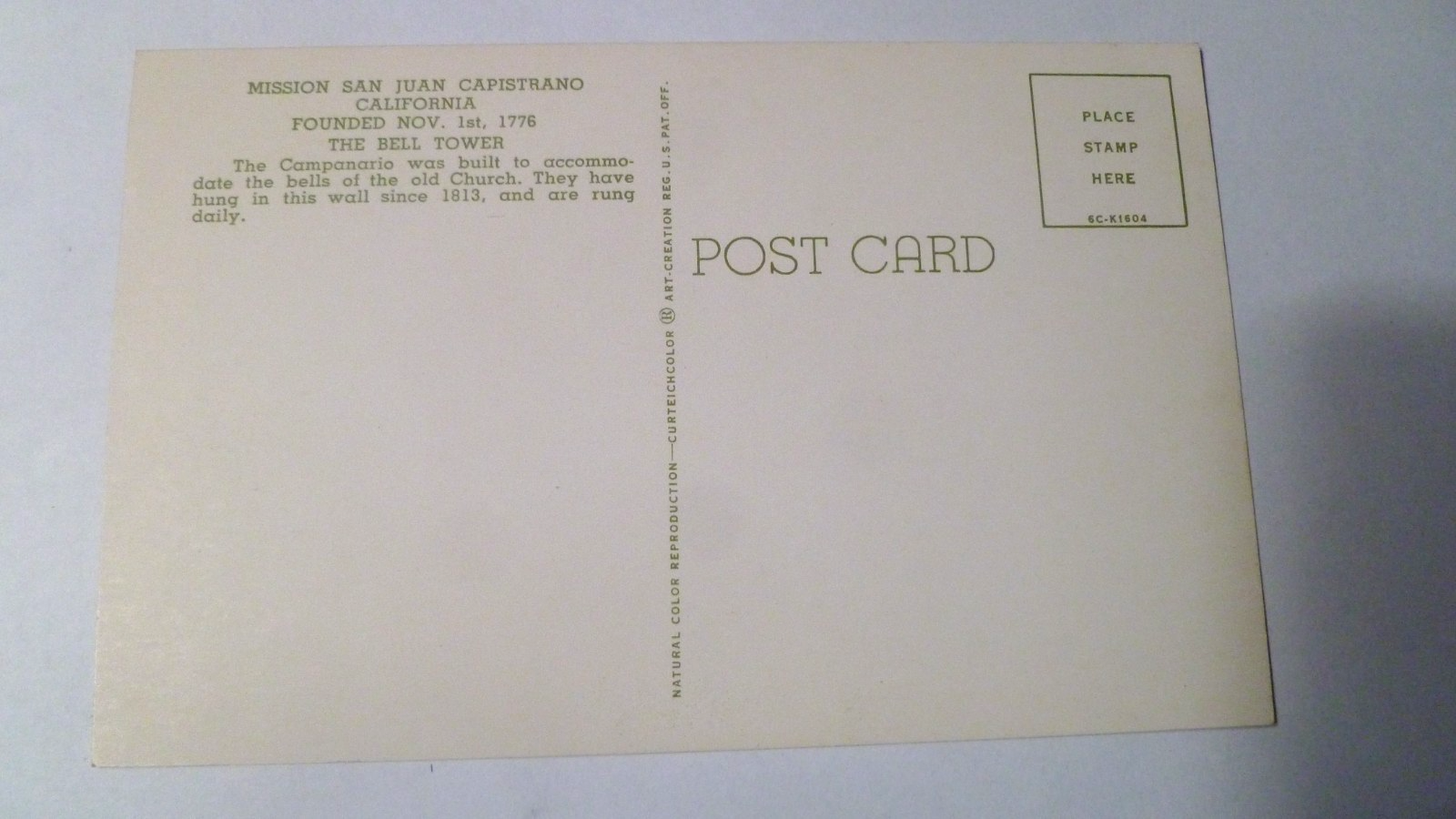 Postcard Mission San Juan Capistrano California Bell Tower 1961