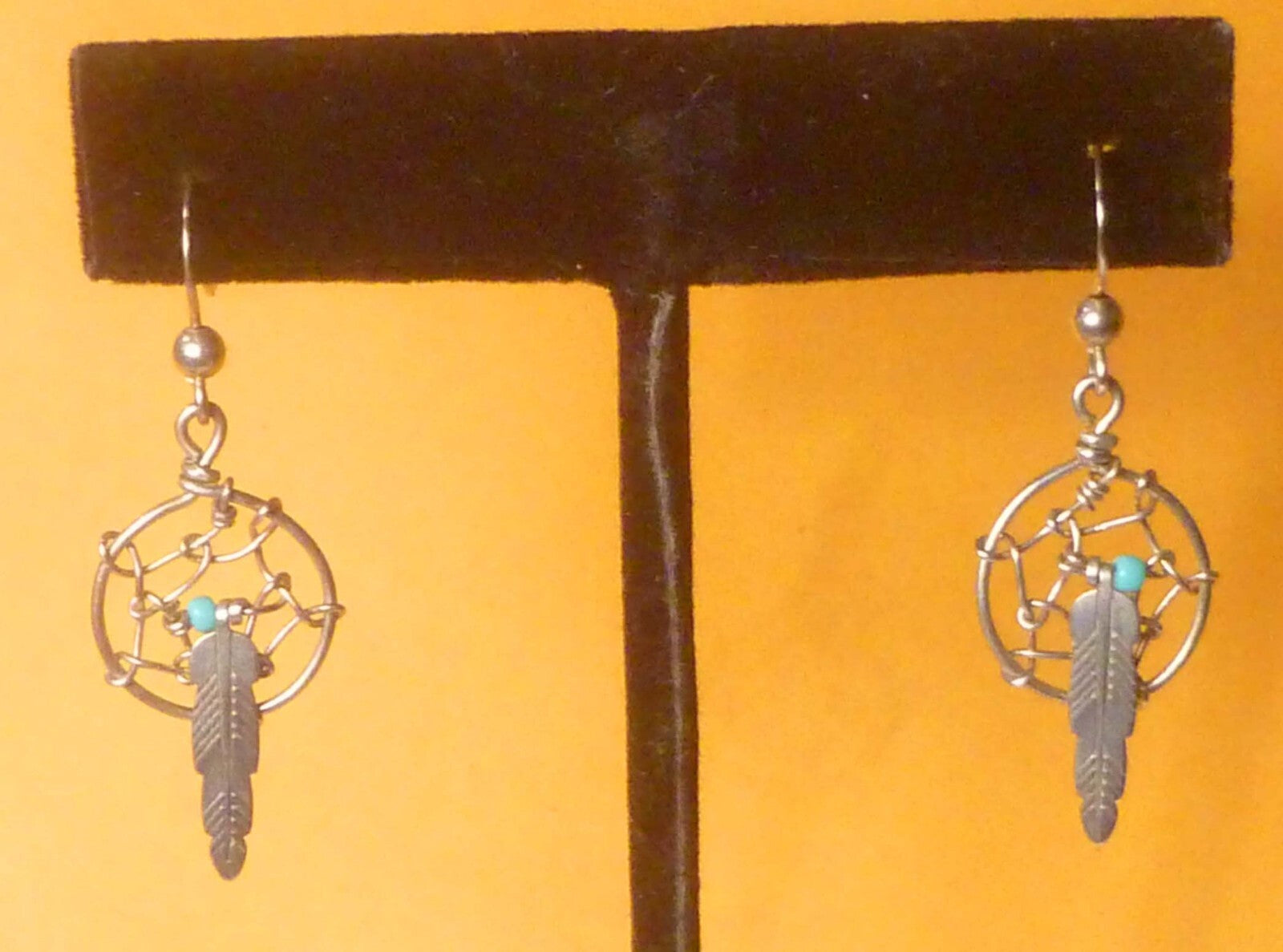 Vintage Sterling Silver Dreamcatcher Earrings With Turquoise Bead And Feather