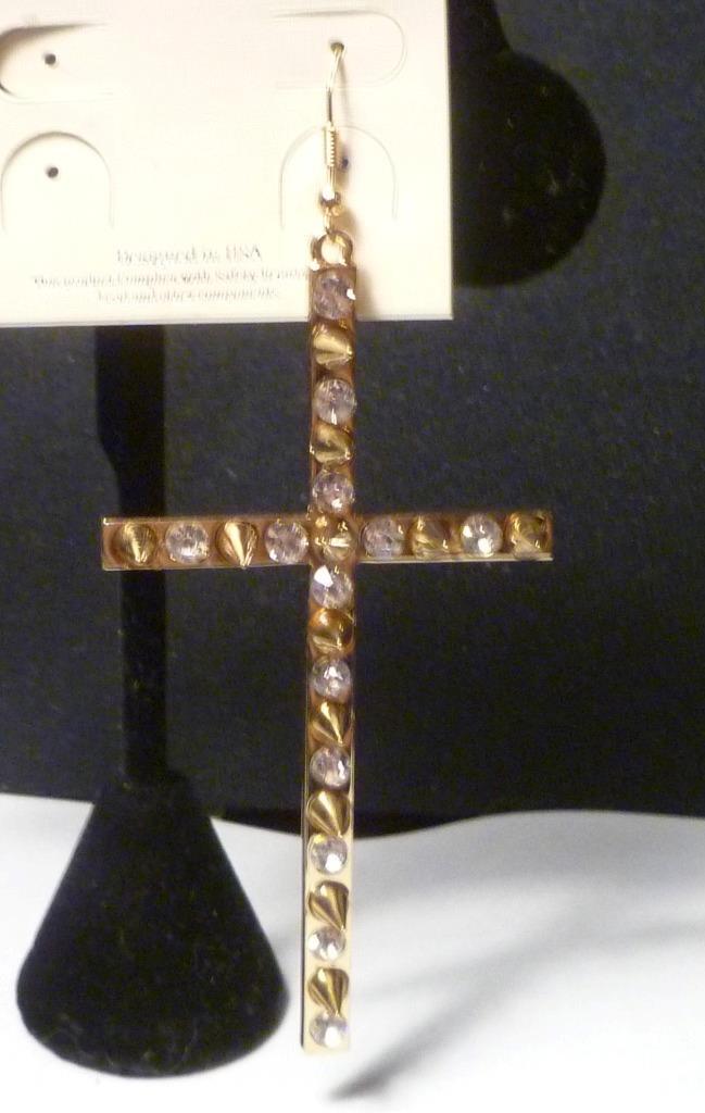 Gold ep Studed White Rhinestone Bling Cross earrings 3.75"