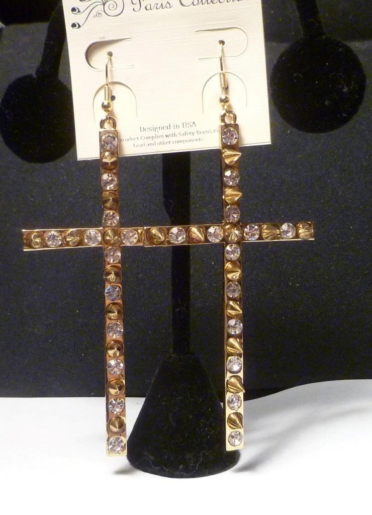 Gold ep Studed White Rhinestone Bling Cross earrings 3.75"