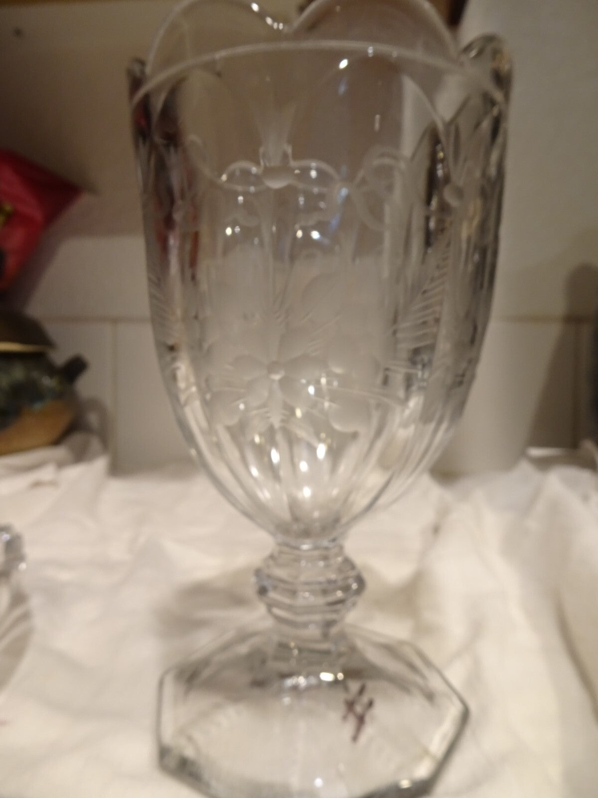 Heisey Glass Vase,  Etched Flowers, United States 7.5" tall