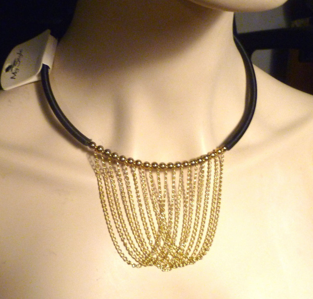 Choker Necklace Gold Ep. beads &chains Silk Wrapped Neckwire Lobster Clasp Blue