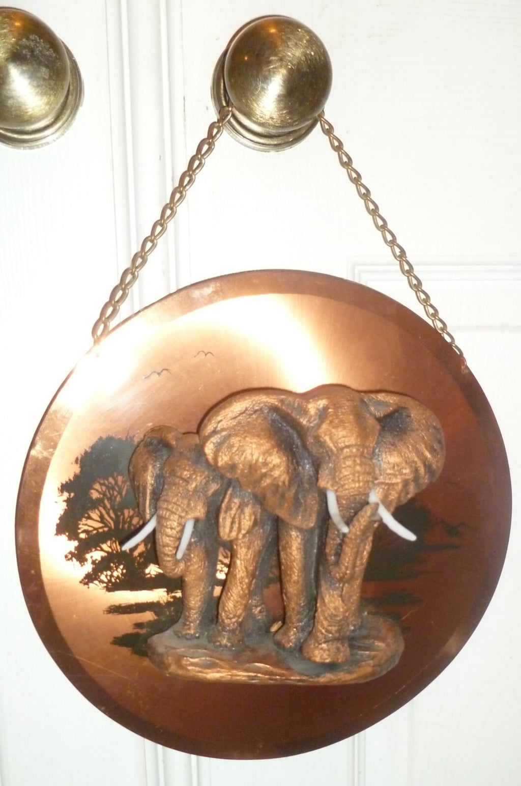 3D Elephants Ceramic on Copper Plate Plaque Tusks