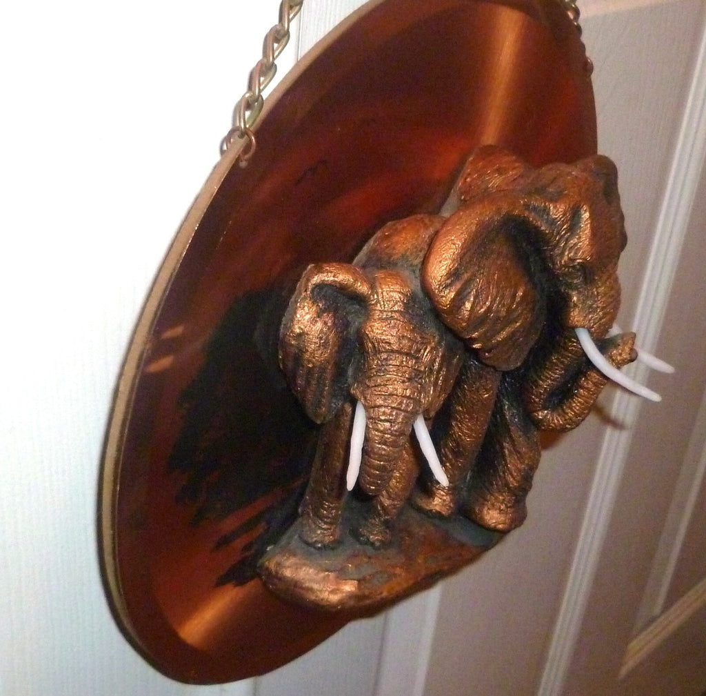 3D Elephants Ceramic on Copper Plate Plaque Tusks
