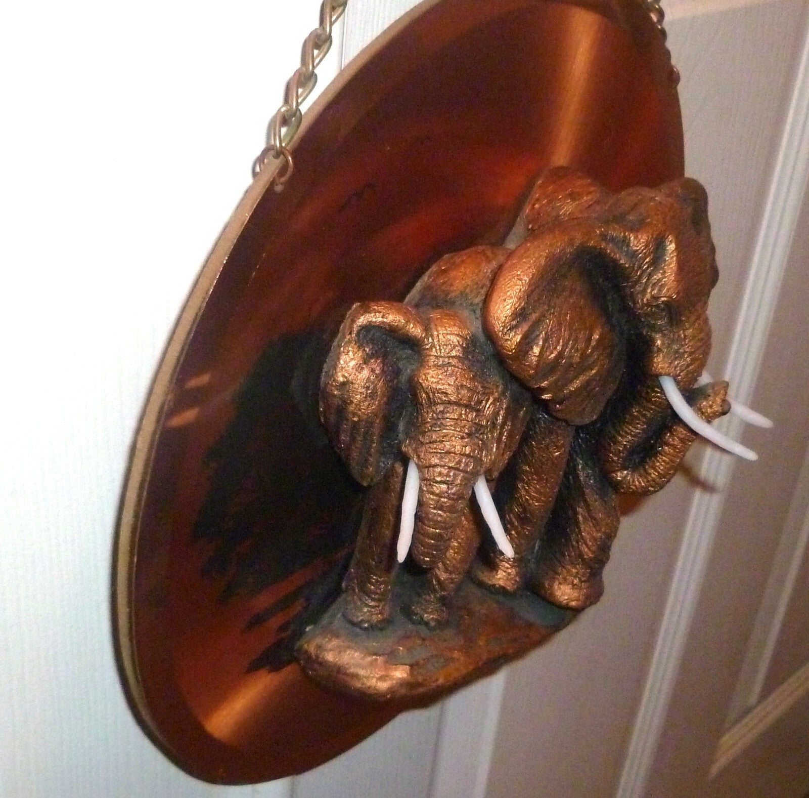 3D Elephants Ceramic on Copper Plate Plaque Tusks