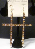Gold ep Studed White Rhinestone Bling Cross earrings 3.75"