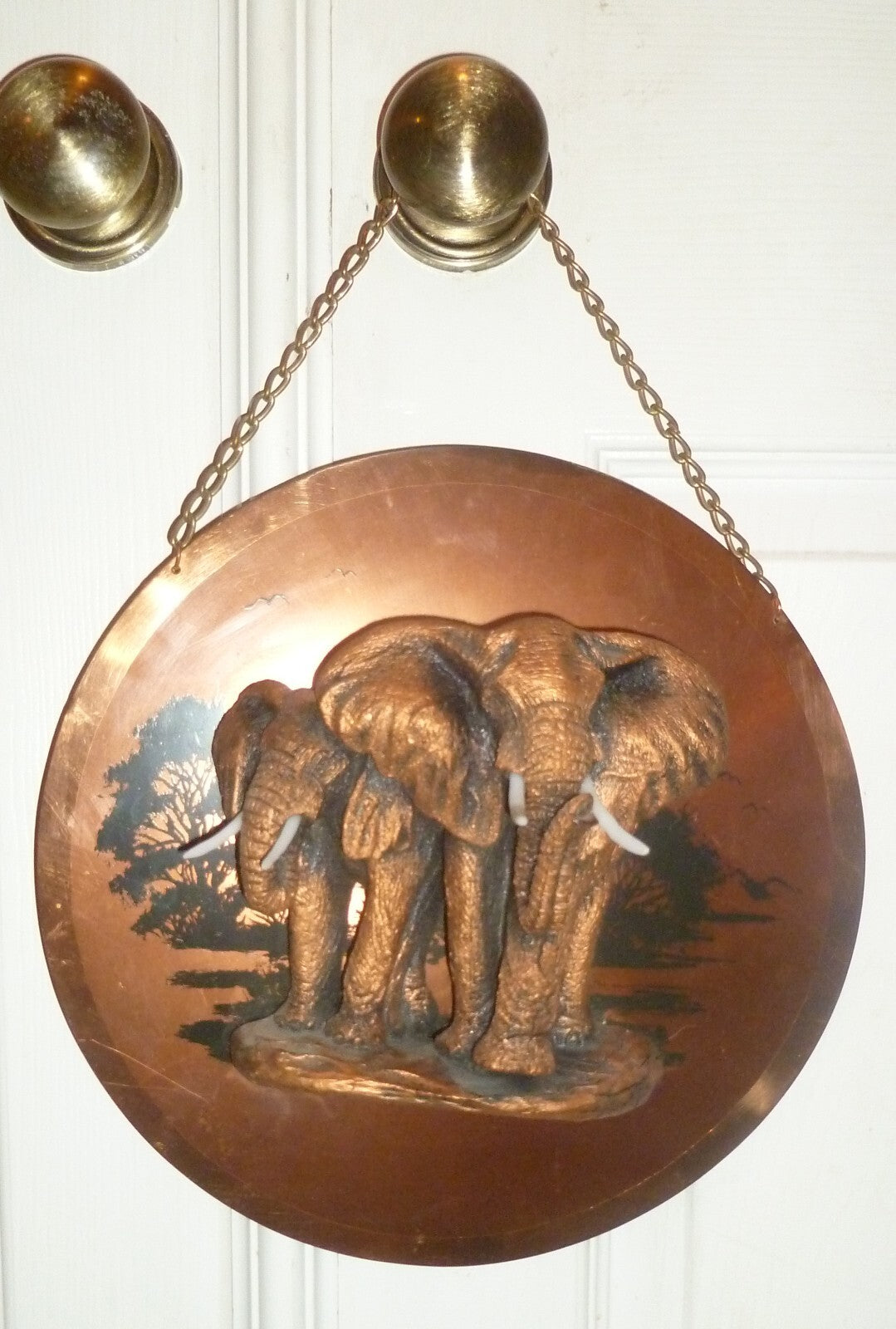 3D Elephants Ceramic on Copper Plate Plaque Tusks