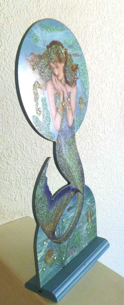 Beautiful Posing Mermaid, wood picture with wood stand