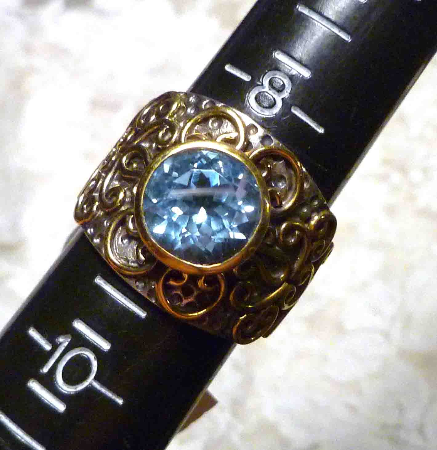 Sky Blue 9mm 7.07cts Topaz Ring 925 Sterling Silver Brass look of Gold Sz 9