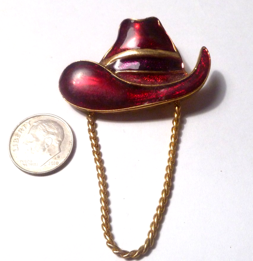 Cowboy hat pin Red enamel Gold Plated with Chain