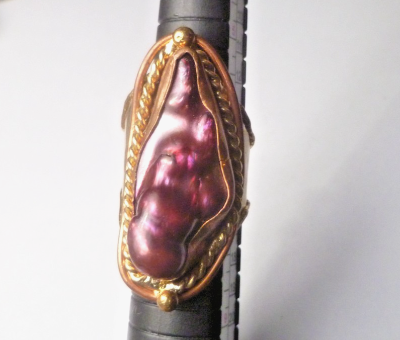 Purple Biwa Pearl Brass Copper & German Silver Ring Size 8
