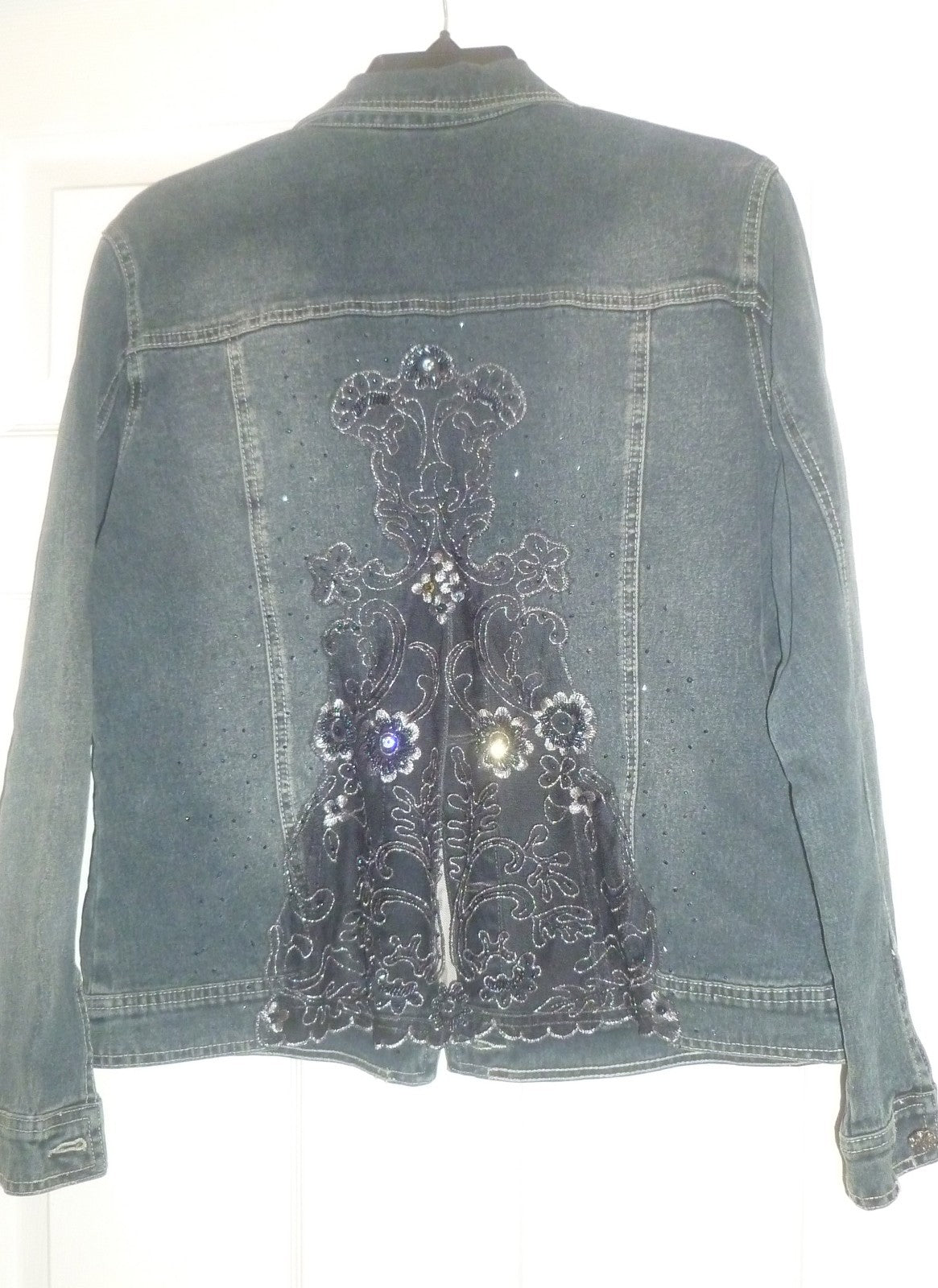 Ornate Denim Jean Jacket LACE BACK My Favorite Things Colleen Lopez Small