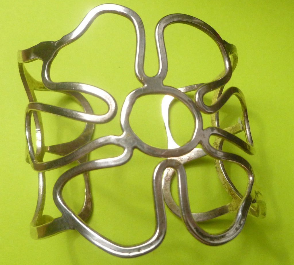 2.25" Silver Plated Bracelet WIDE Cuff Oz. Flowers Vintage