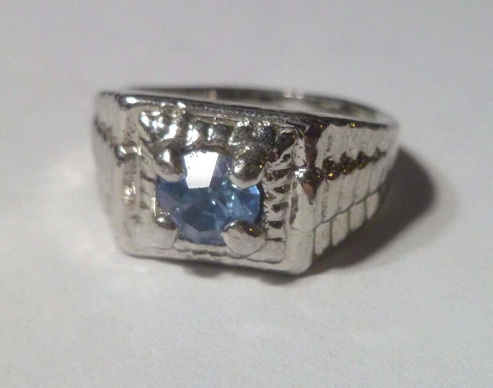 Blue TOPAZ RING 14k White Gold EP .925  Size 9 Men Women