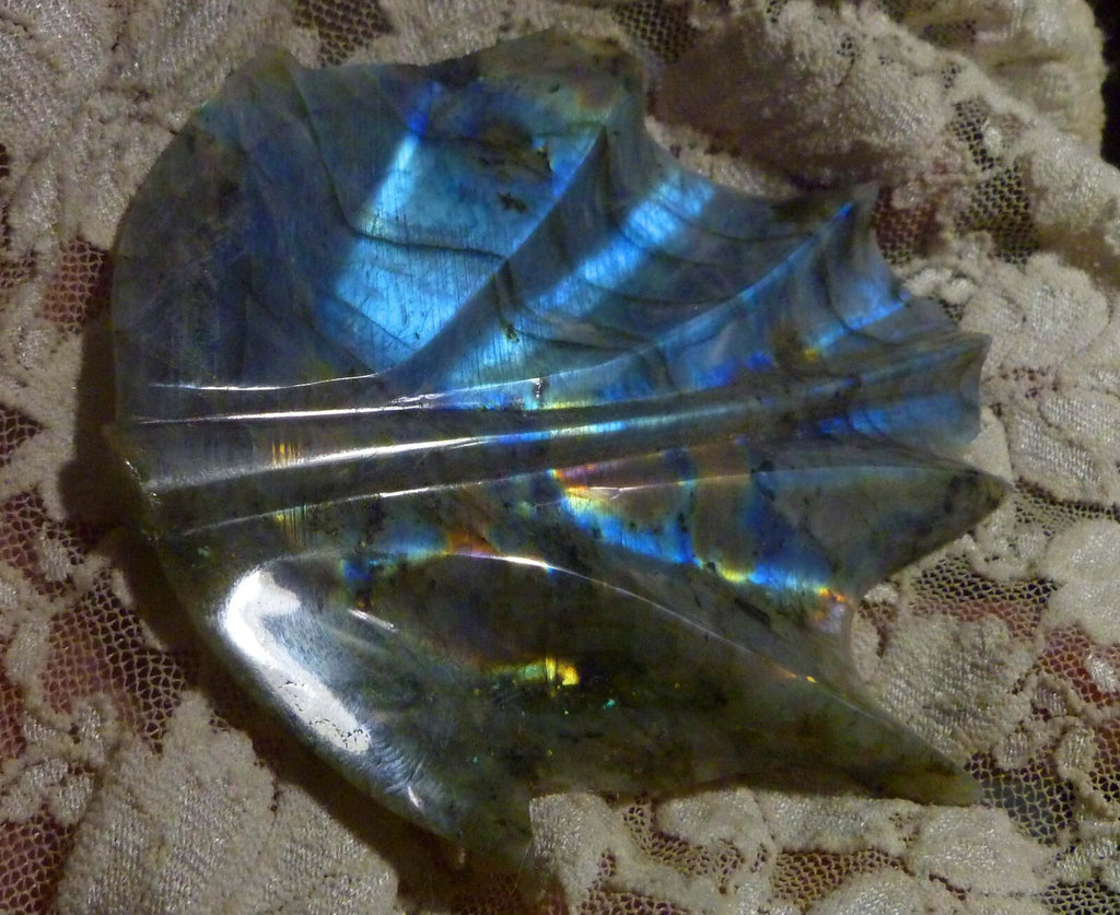 BLUE and GOLD CARVED and POLISHED LABRADORITE LEAF 307cts!