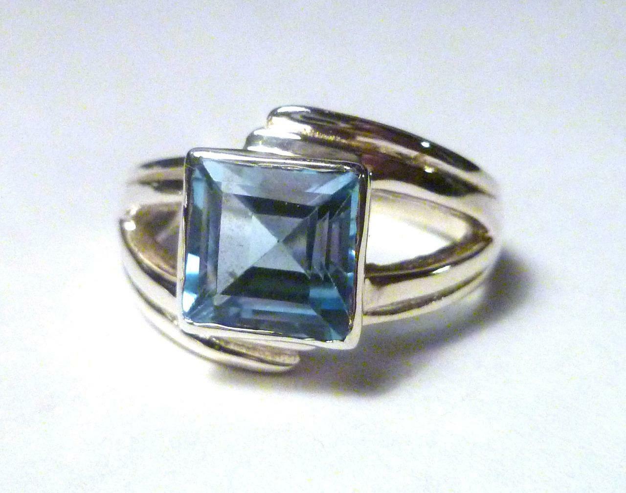 Minimalist 8mm Square Genuine SWISS BLUE TOPAZ .925 SILVER RING Sz8