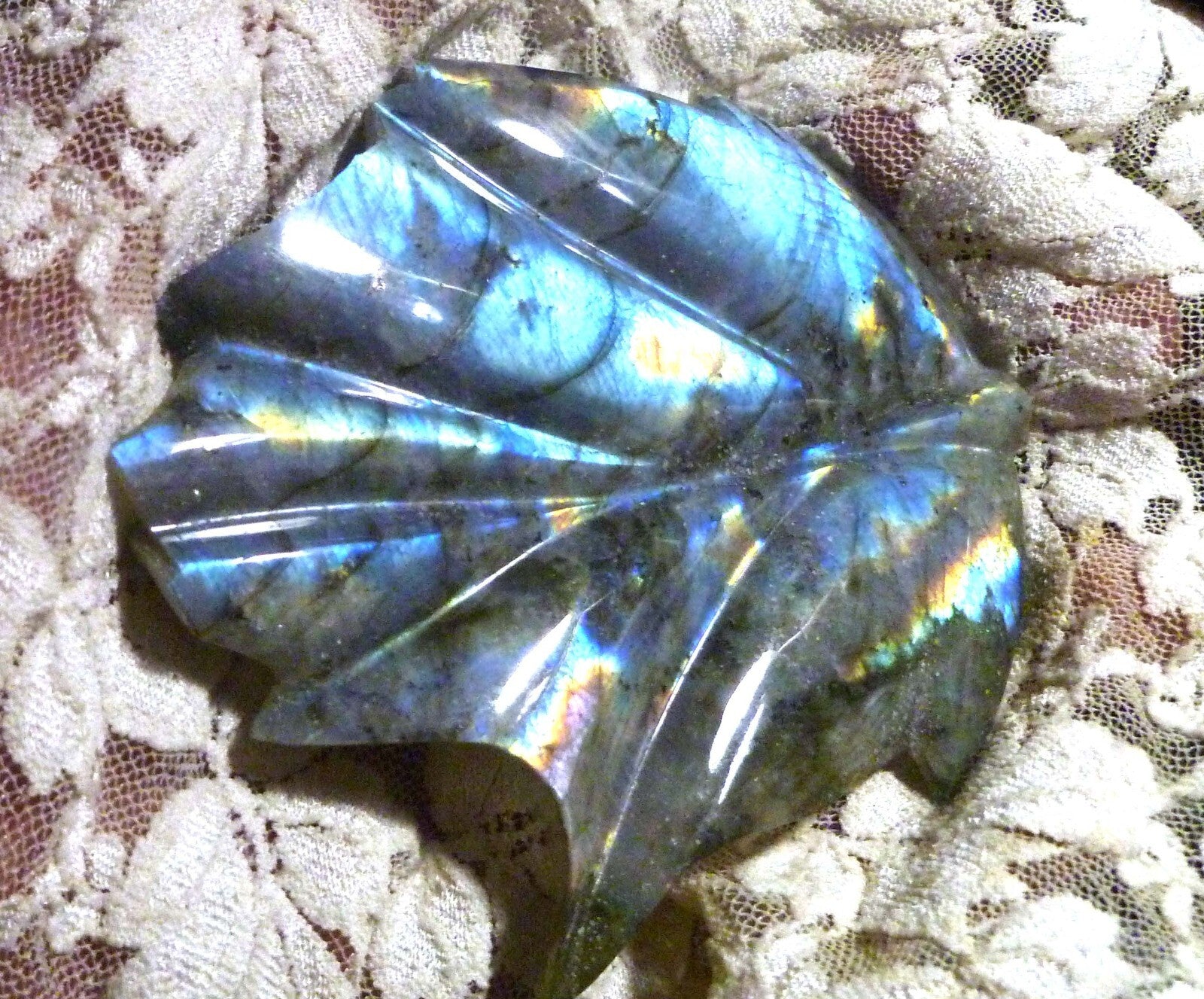 BLUE and GOLD CARVED and POLISHED LABRADORITE LEAF 307cts!