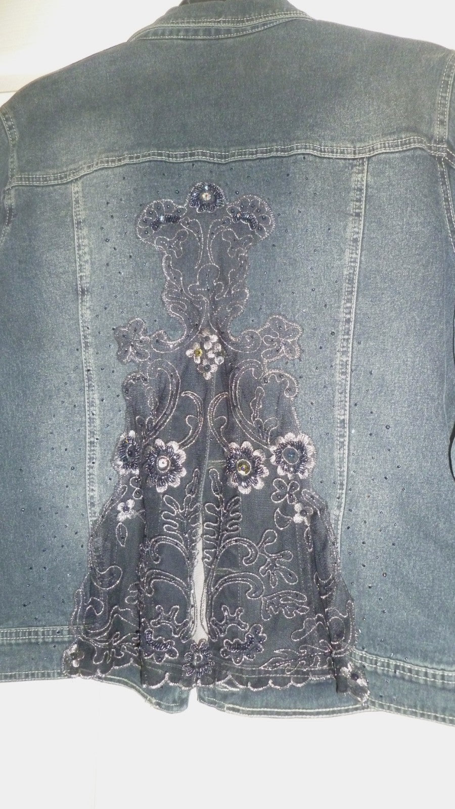 Ornate Denim Jean Jacket LACE BACK My Favorite Things Colleen Lopez Small