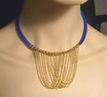 Choker Necklace Gold Ep. beads &chains Silk Wrapped Neckwire Lobster Clasp Blue